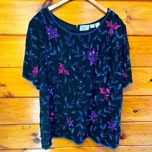 Heavy Sequin Beaded Floral Blouse Candlelight & Champagne Womens Top Plus 32W